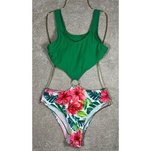 Cut out Small Swimsuit Tropical Floral Ring Cutout Sexy Swimwear Aloha Vacation‎